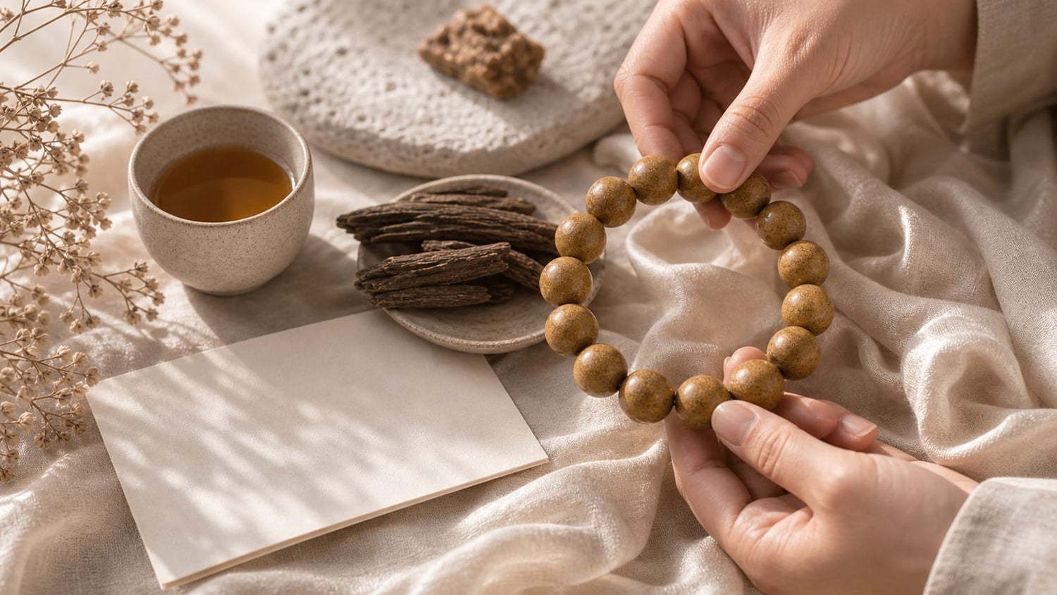 Good-fortune symbolic bracelet with warm light, blank card, silk fabric, and natural textures
