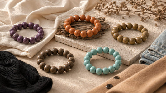 Neutral wardrobe and aromatic bead bracelet color options in soft editorial light