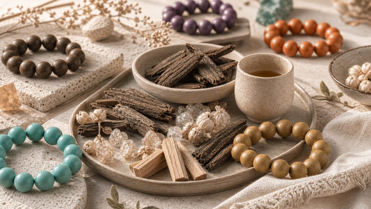 Eastern wearable scent scene with incense materials, tea, stone, and elemental colors