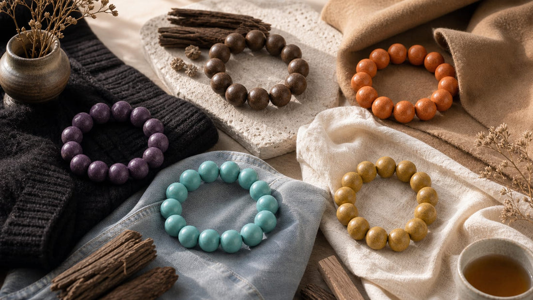Five Elements aromatic bracelets styled with neutral wardrobe fabrics and natural materials