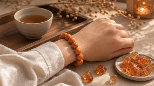 Fire Element aromatic bracelet glowing in warm evening light with amber and linen