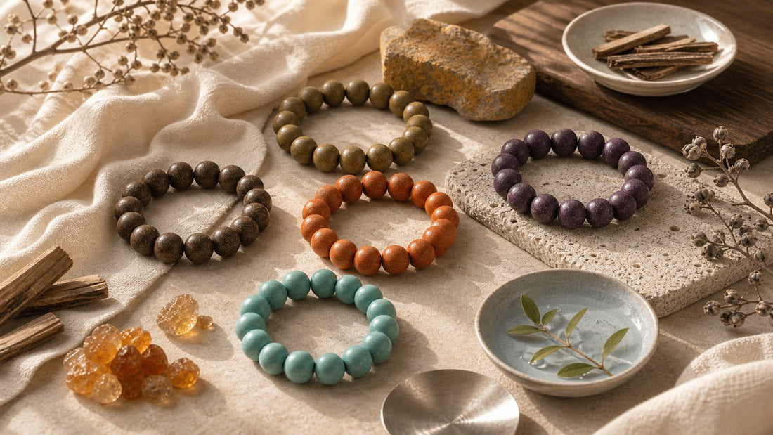 Five Elements bracelets and natural materials arranged as an energy and intention guide