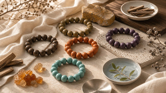 Five Elements bracelets and natural materials arranged as an energy and intention guide