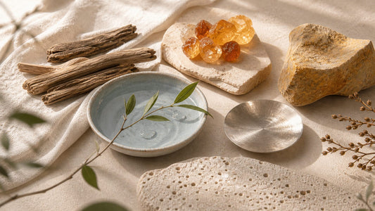 Five Elements inspired materials arranged in warm minimalist editorial light