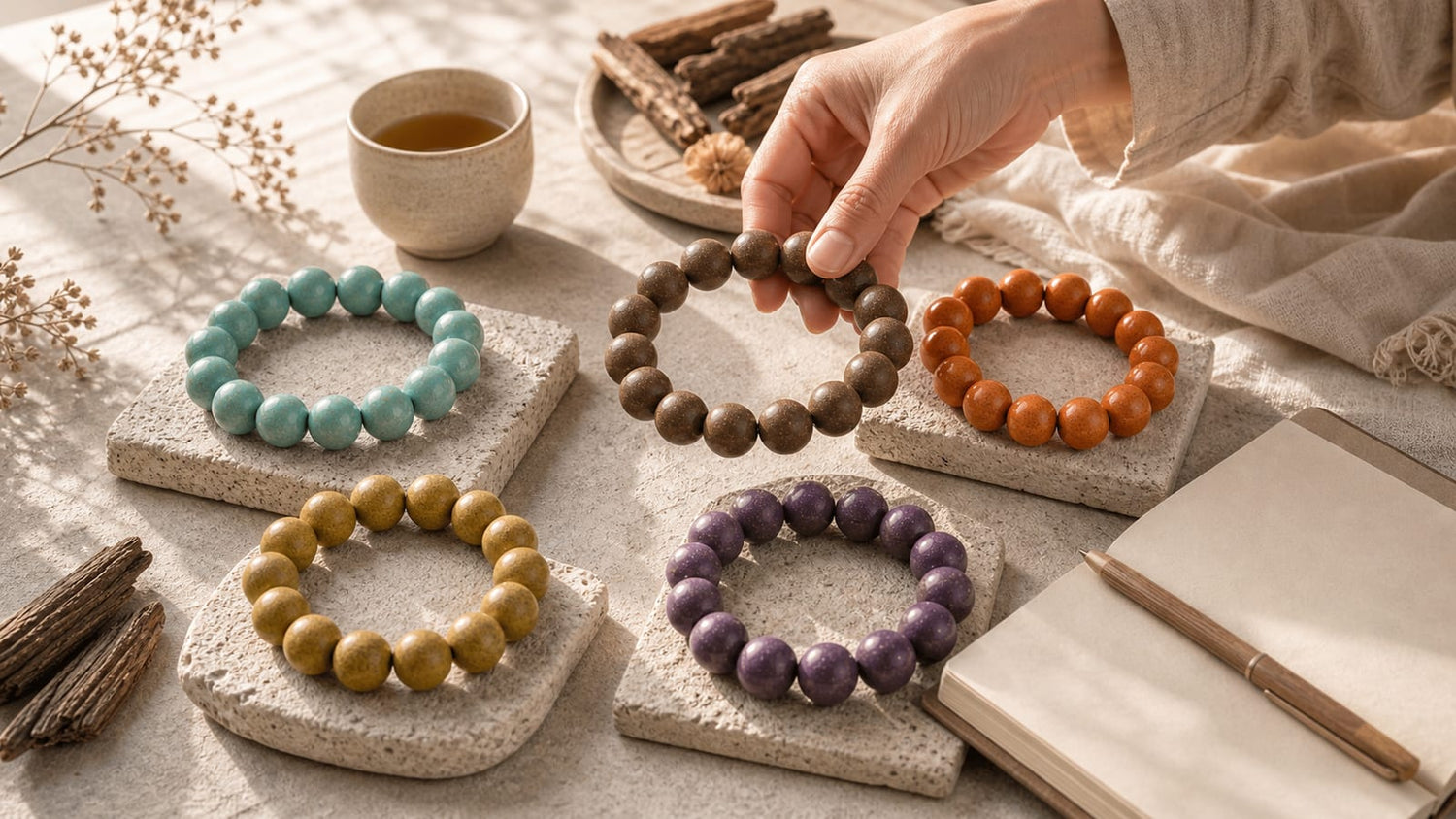 Morning Five Elements bracelet ritual with tea, linen, sunlight, and bracelet options
