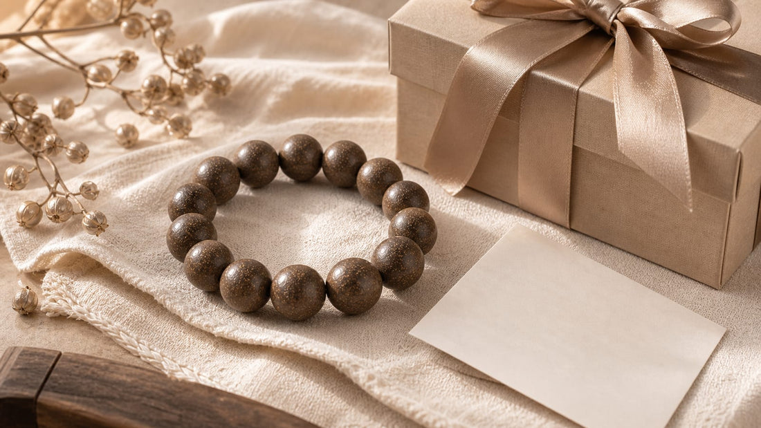 Symbolic aromatic bracelet gift on linen with ribbon, card, and warm natural light