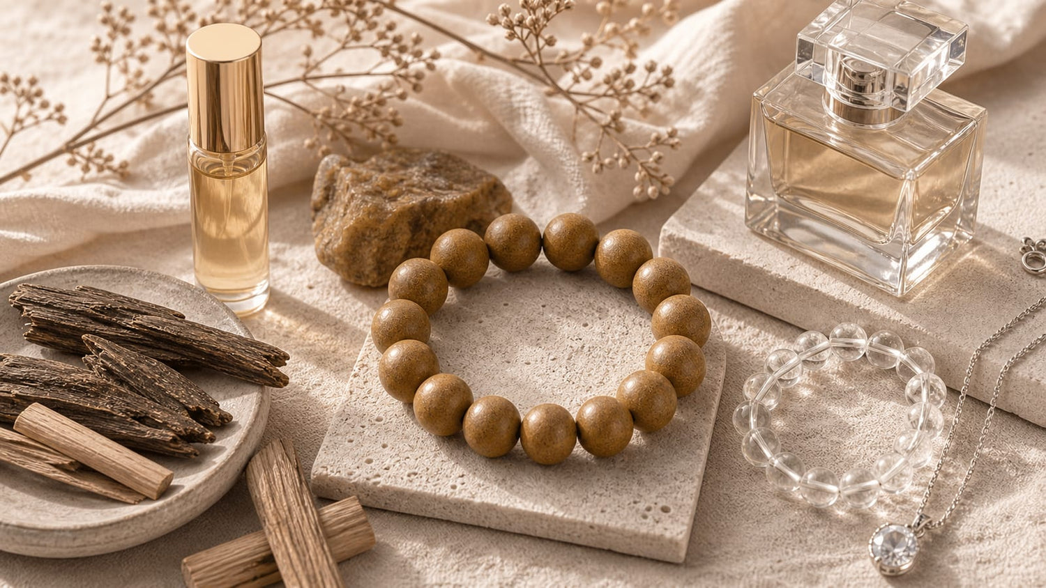 Incense bead bracelet compared with scent and jewelry materials on stone and linen