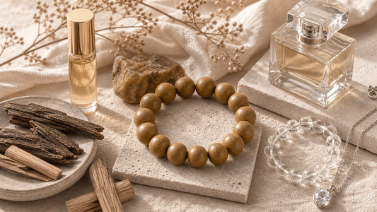 Incense bead bracelet compared with scent and jewelry materials on stone and linen