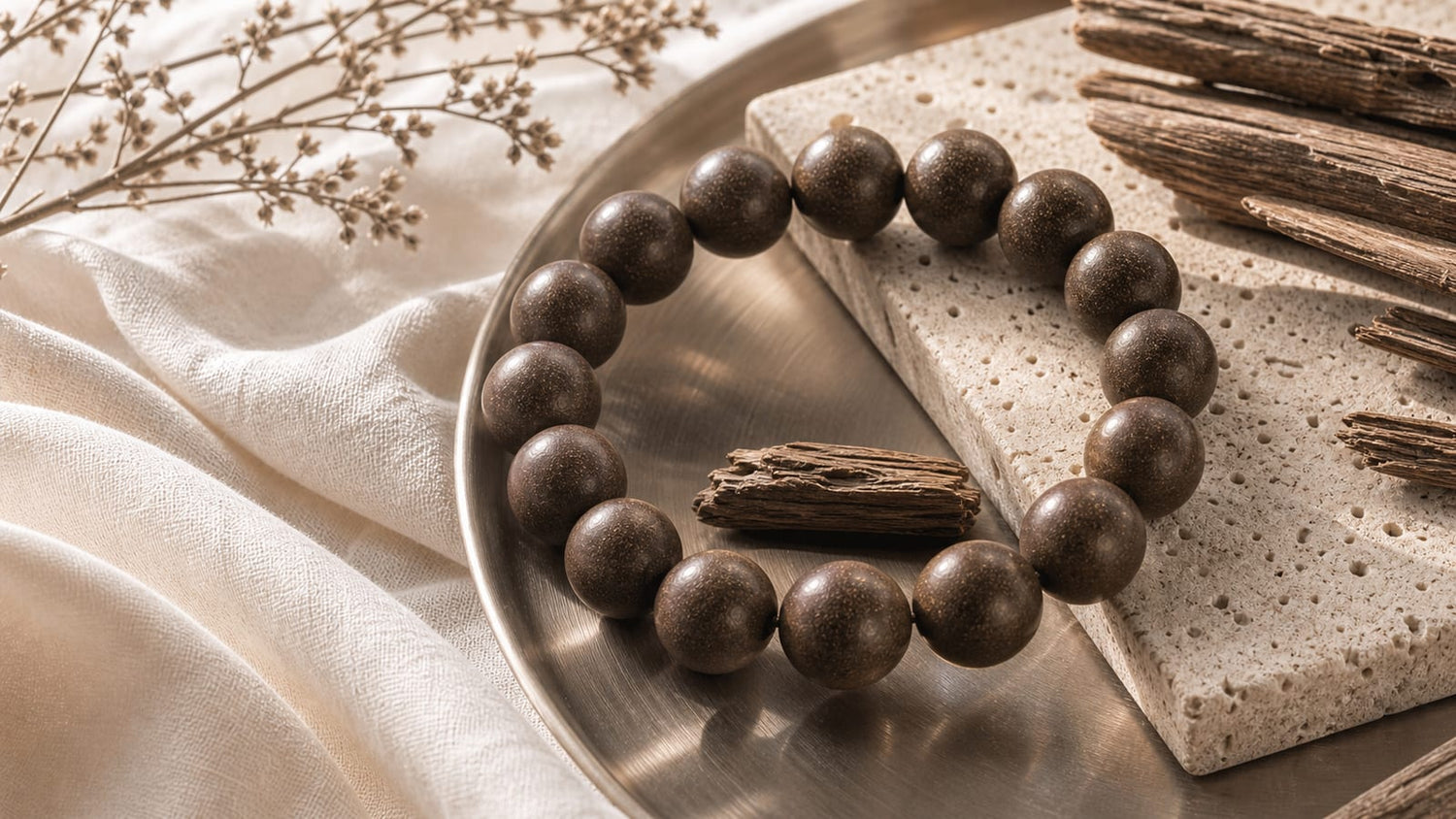 Metal Element aromatic bracelet with pale stone, brushed metal, and clean linen