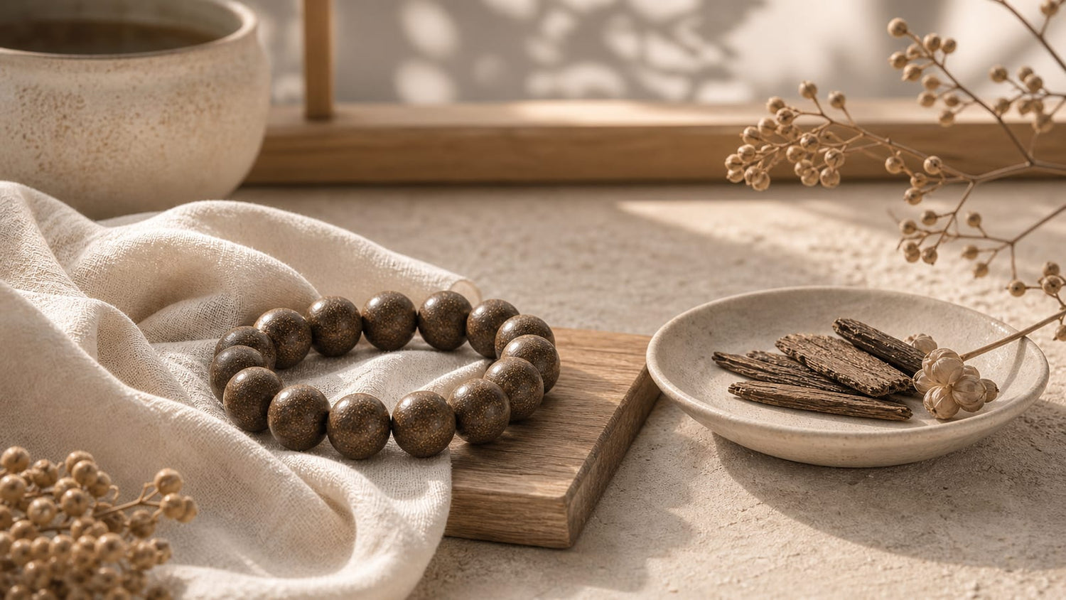 Minimalist jewelry and natural materials in a refined cultural style setting