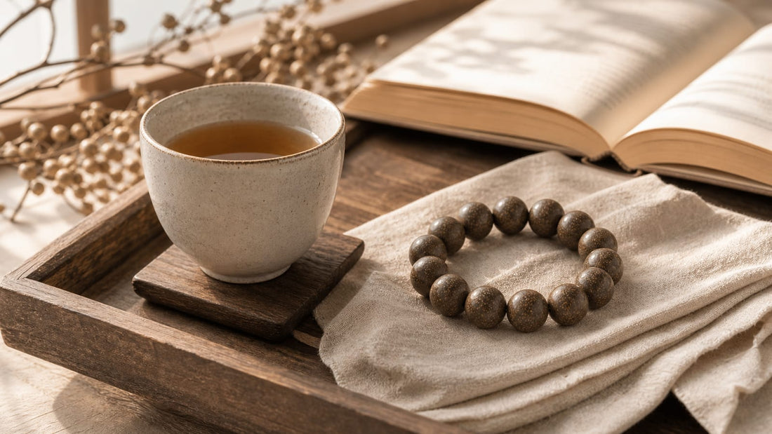 Calm morning tea ritual with warm light, linen, wood, and an aromatic bracelet