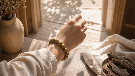 Symbolic bracelet with protective meaning on wrist in warm refined light