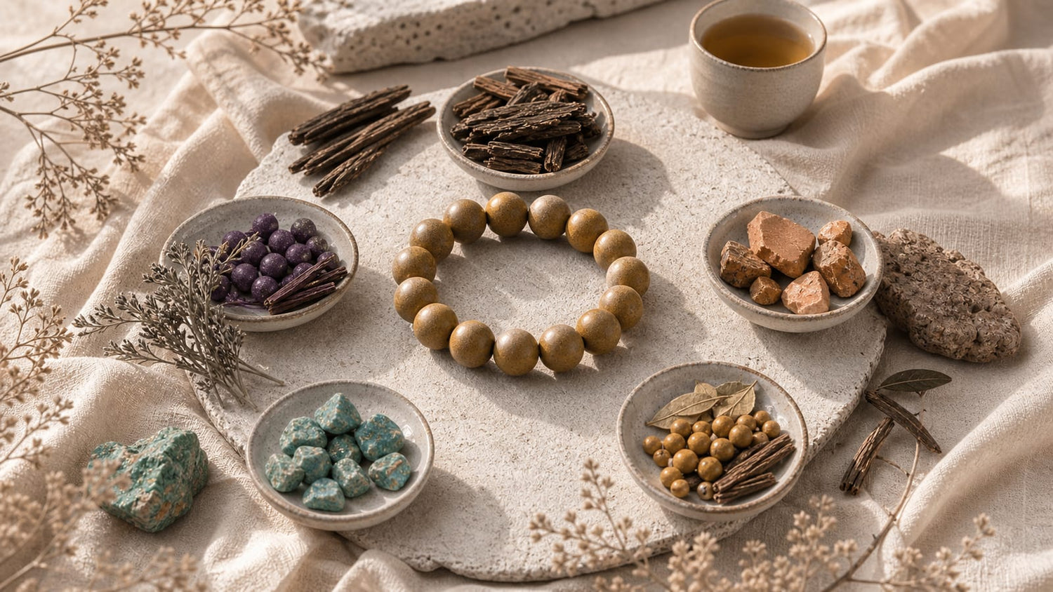 Five Elements jewelry with qi and balance mood in a refined Eastern lifestyle setting