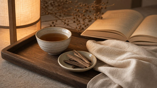 Quiet evening ritual with tea, candlelight mood, linen, wood, and natural textures