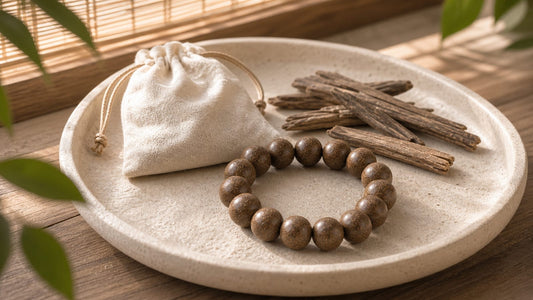Aromatic bead bracelet stored on a stone tray with linen and wood in warm light