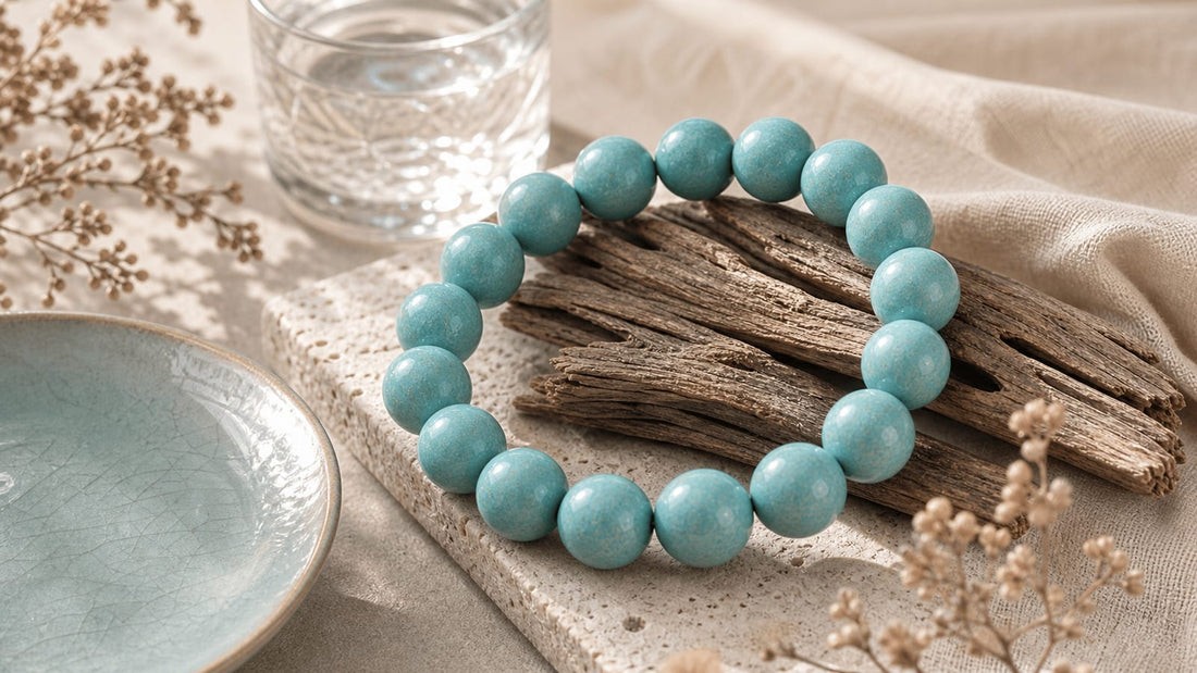 Water Element aromatic bracelet with blue ceramic, tea, stone, and soft light