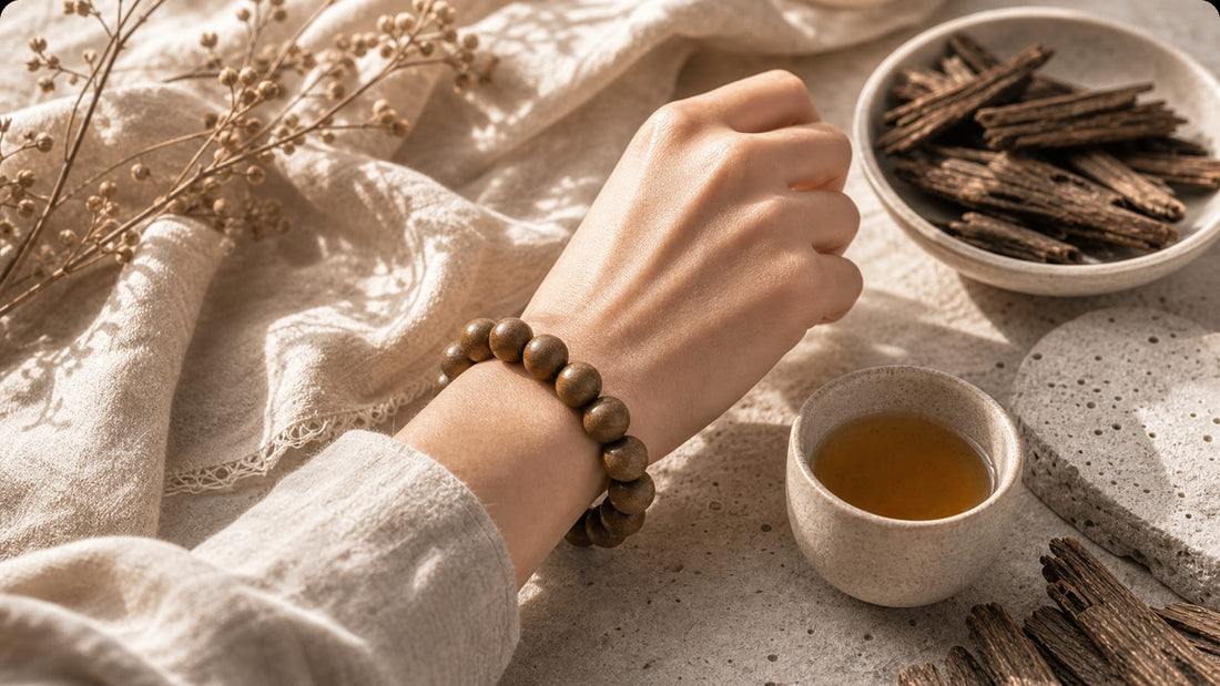 Aromatic bracelet worn on the wrist beside tea and natural materials