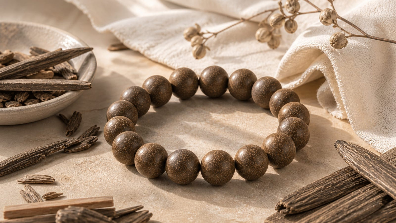 Aromatic incense bead bracelet on warm stone with wood and natural light