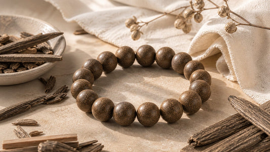 Aromatic incense bead bracelet on warm stone with wood and natural light