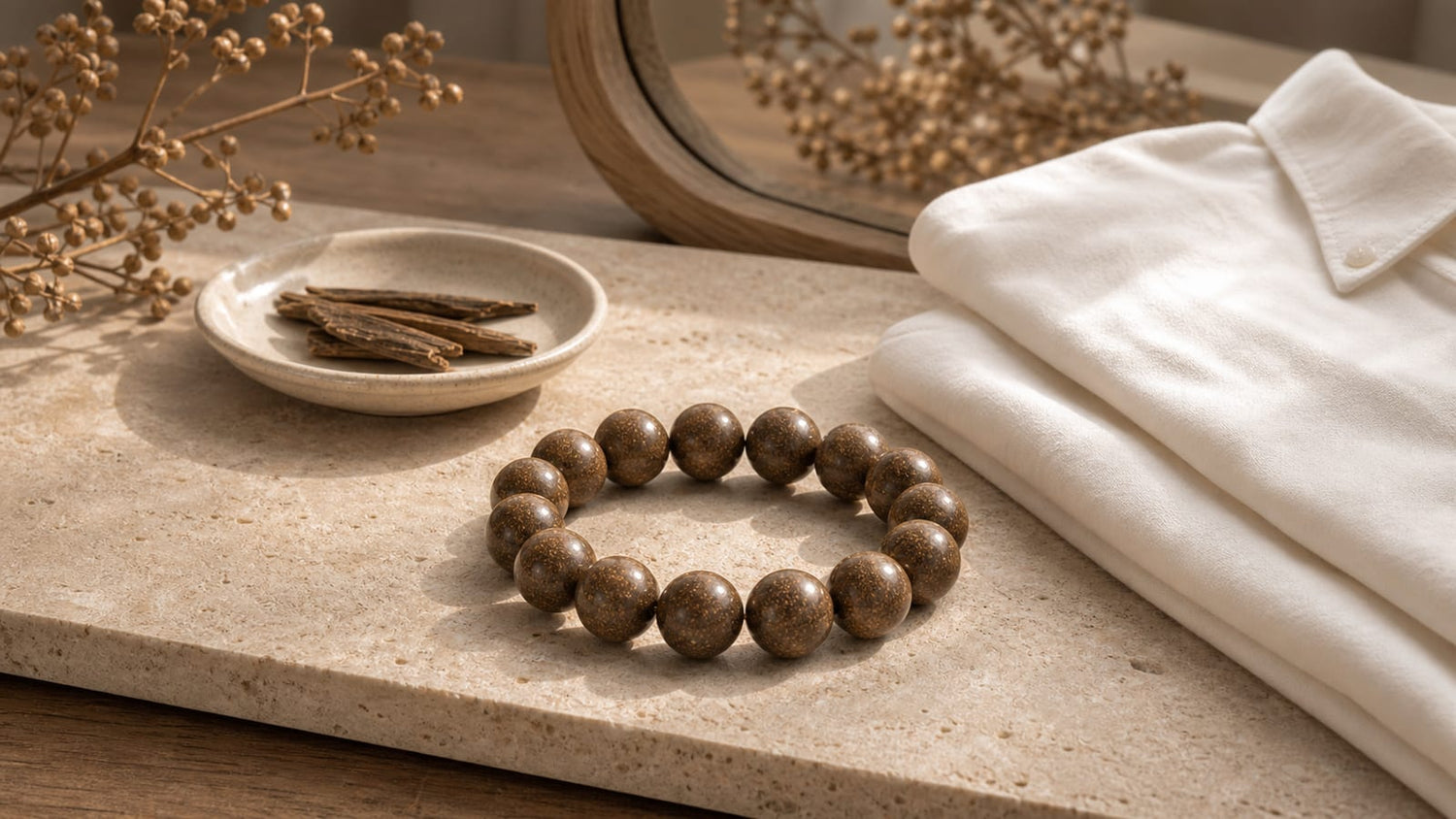 Scented aromatic bead bracelet beside a perfume-free dressing ritual