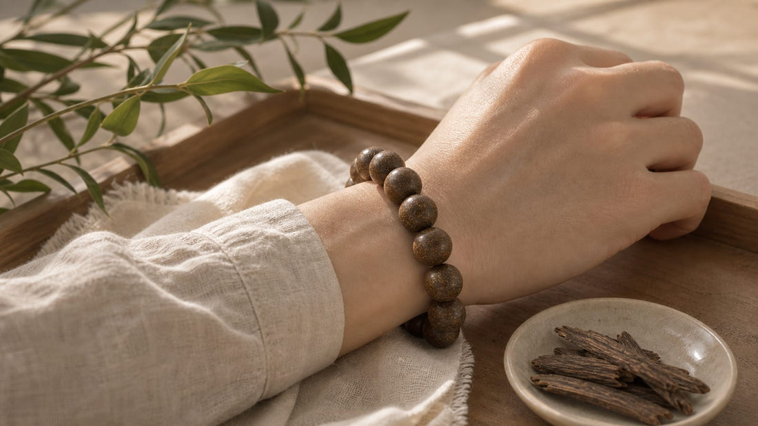 Wood Element aromatic bracelet worn near linen, leaves, and warm natural light
