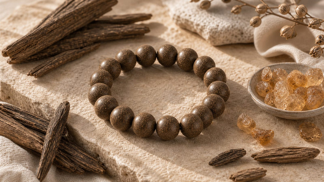 Aromatic jewelry materials with wood, resin tones, stone, and a bead bracelet