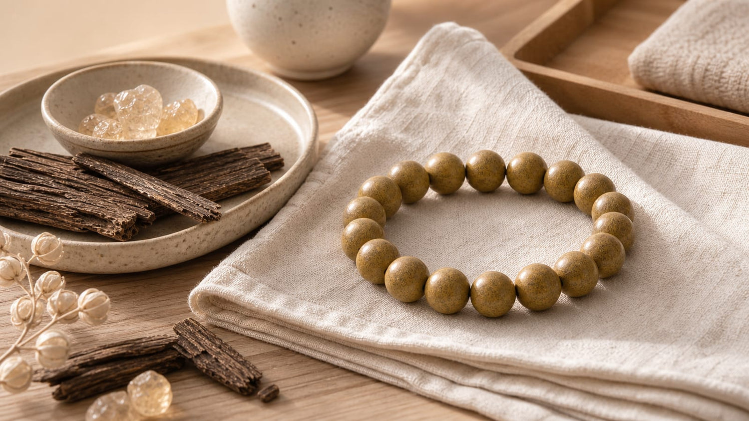 Earth-toned XIANG III aromatic bead bracelet with soft cloth, ceramic tray, fragrant wood, and pale resin