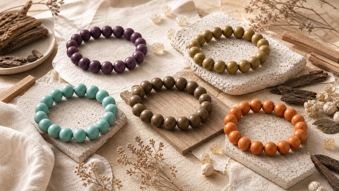 Five XIANG III aromatic incense bead bracelets in Metal Wood Water Fire and Earth colors on ivory linen