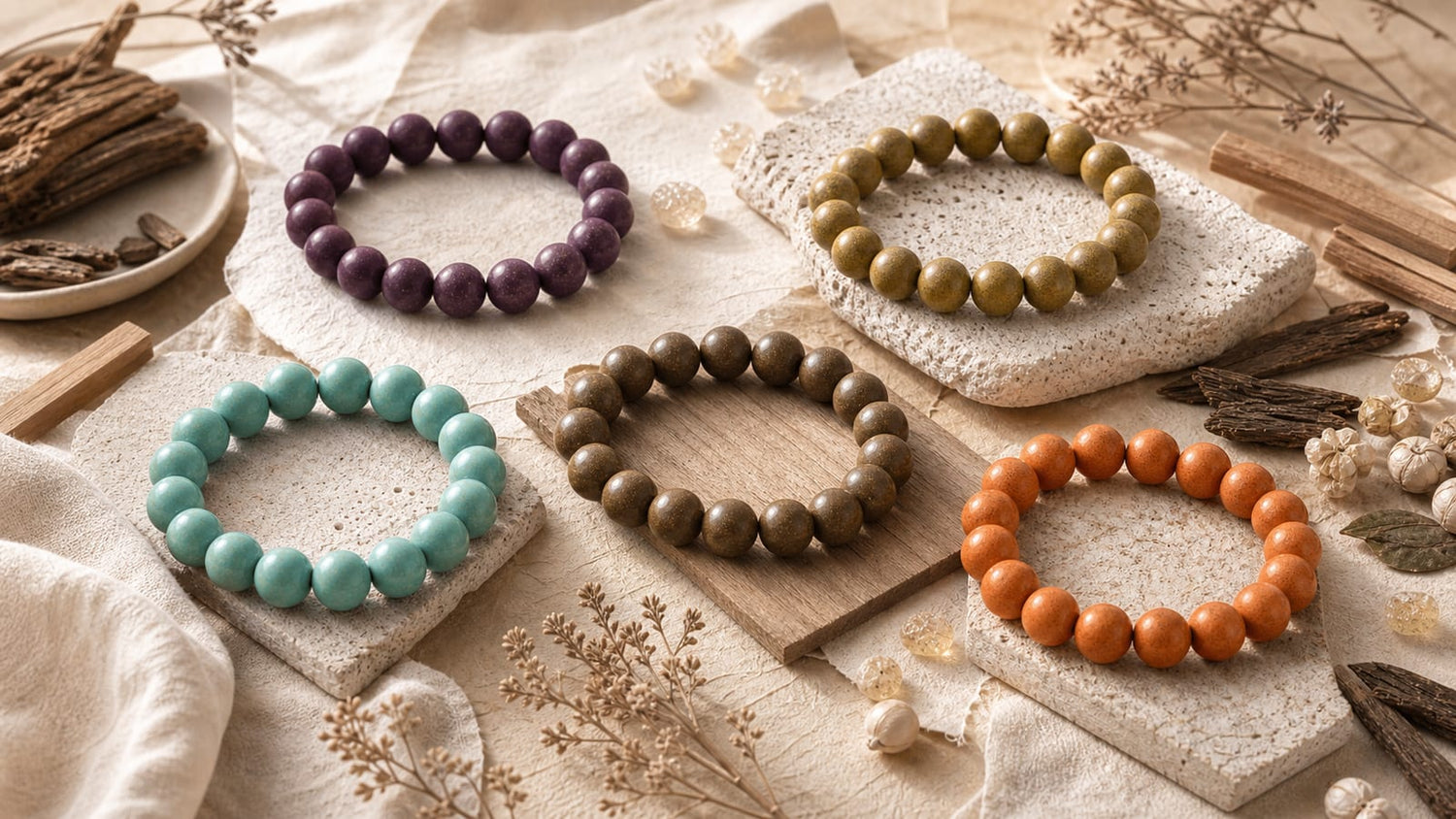Five XIANG III aromatic incense bead bracelets in Metal Wood Water Fire and Earth colors on ivory linen