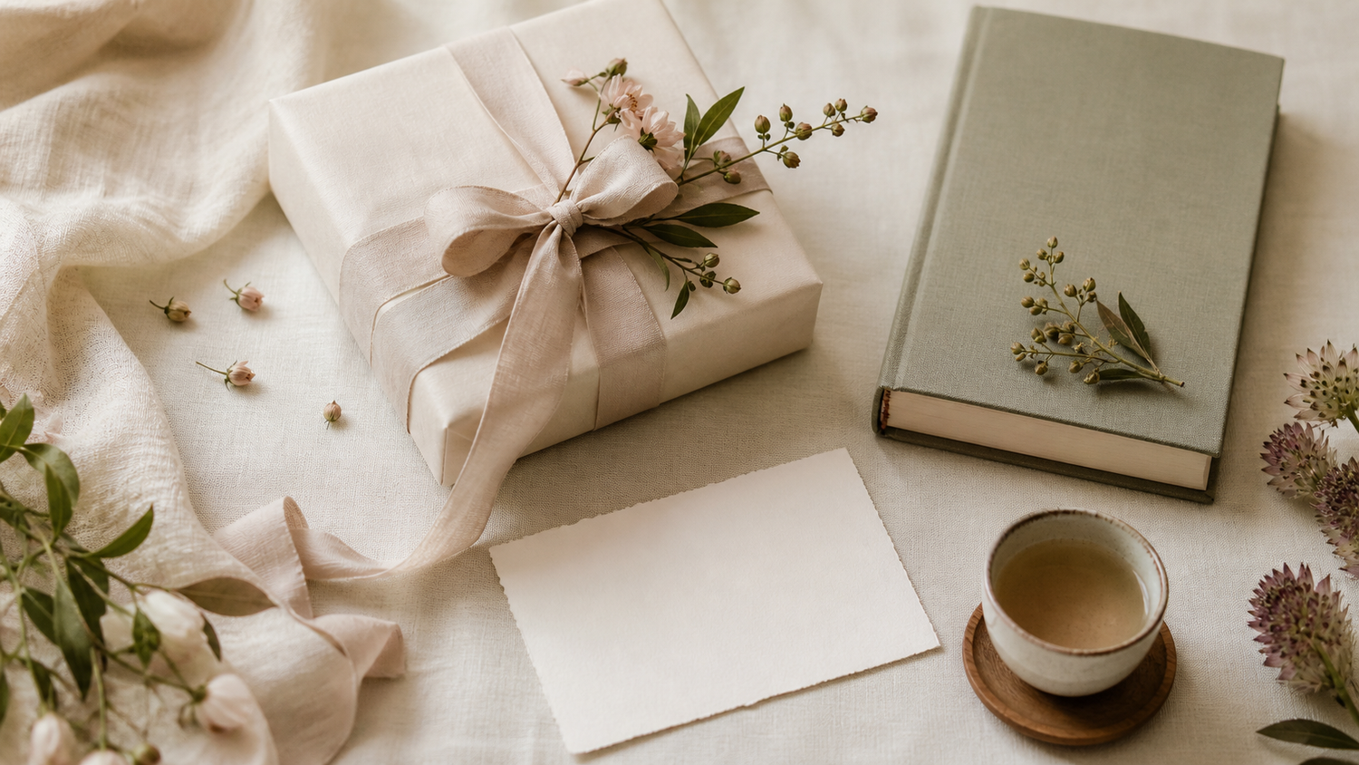 A wrapped gift, blank card, flowers, tea, and journal arranged on ivory linen