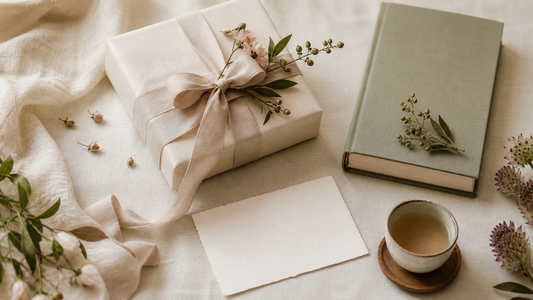 A wrapped gift, blank card, flowers, tea, and journal arranged on ivory linen