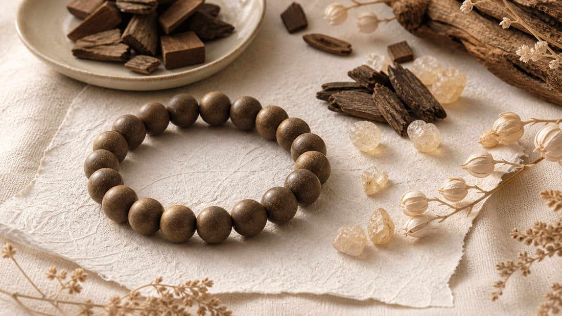 XIANG III warm brown aromatic incense bead bracelet arranged with fragrant woods and pale resin on ivory linen