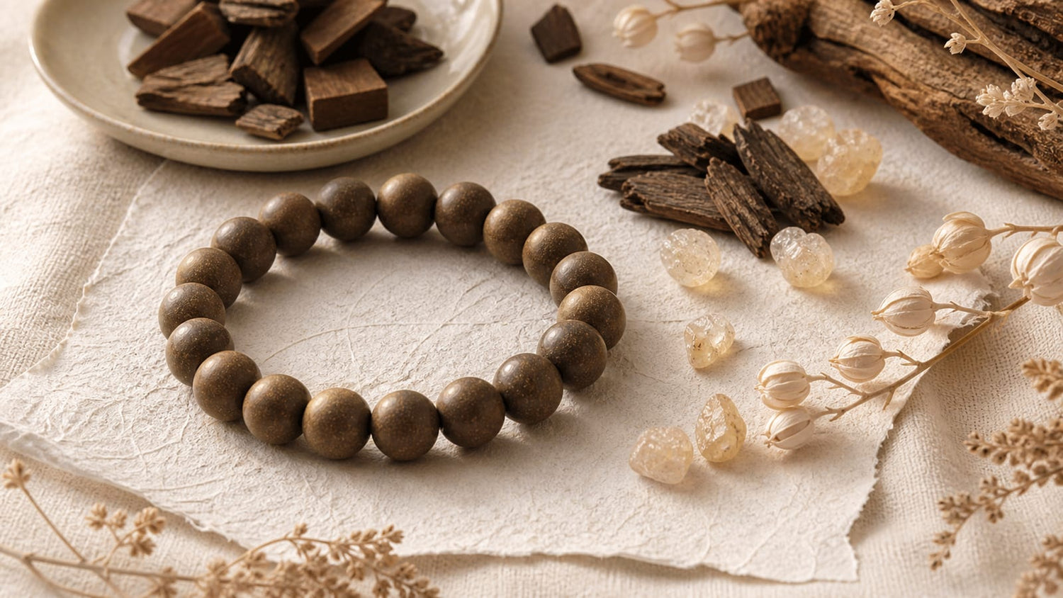 XIANG III warm brown aromatic incense bead bracelet arranged with fragrant woods and pale resin on ivory linen